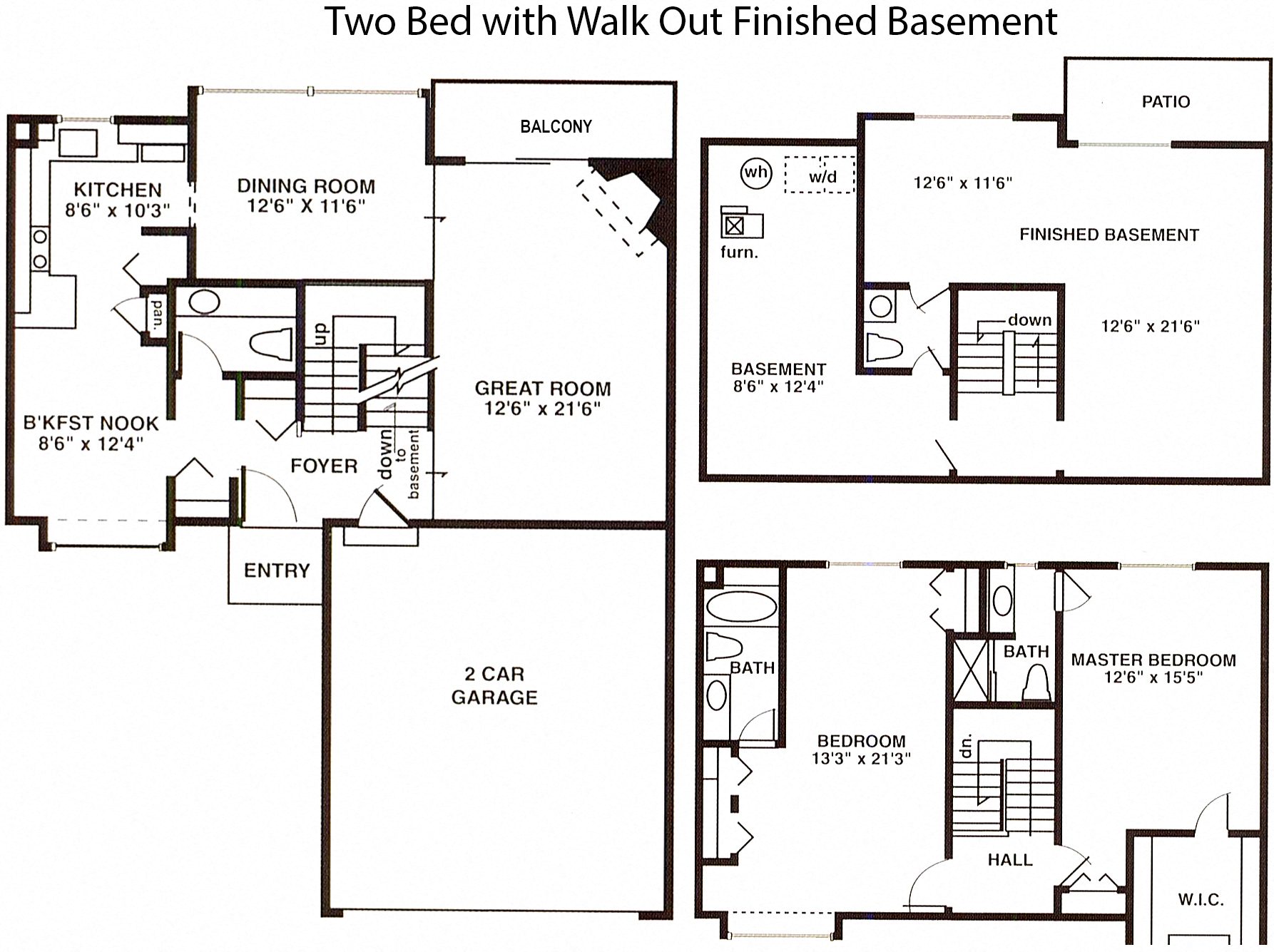 Floor plan for 2 beds, 3 baths, 2100 sqft